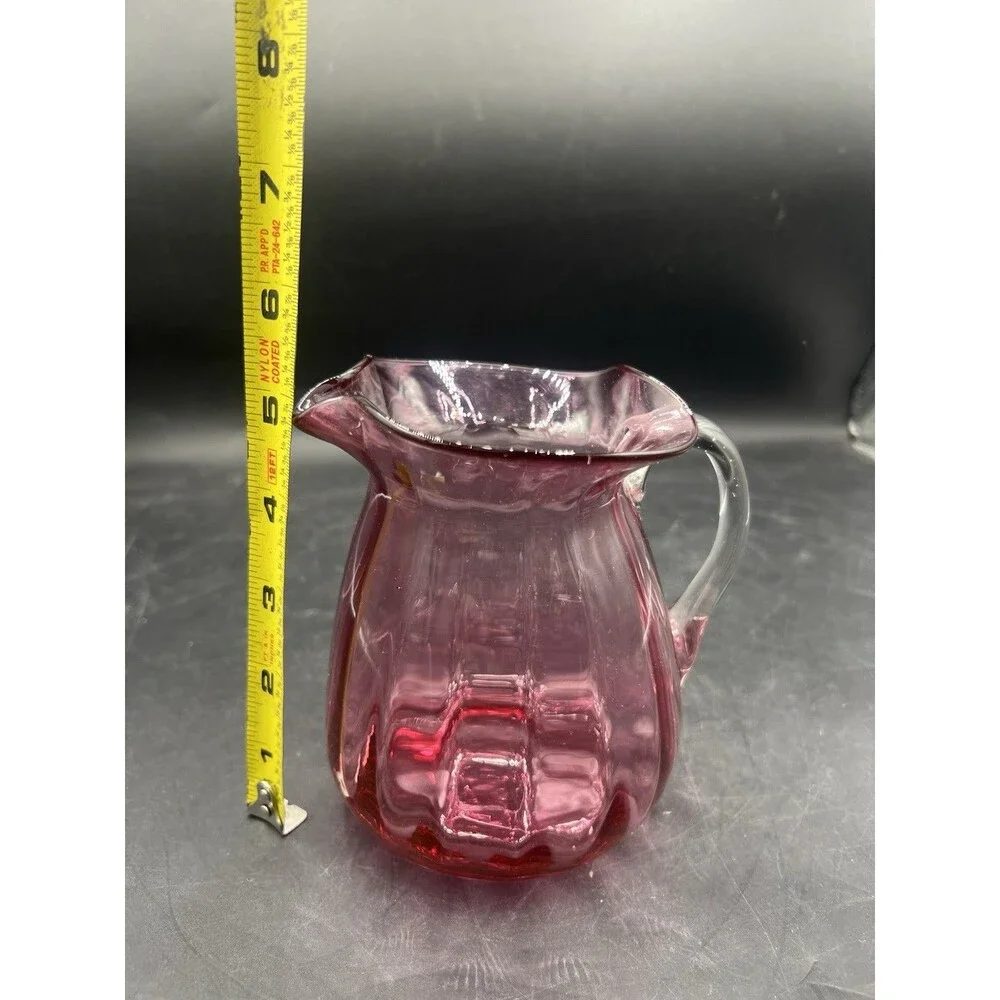VTG Pilgrim Cranberry Pink Art Glass Optic Swirl Creamer Pitcher 5” Handle